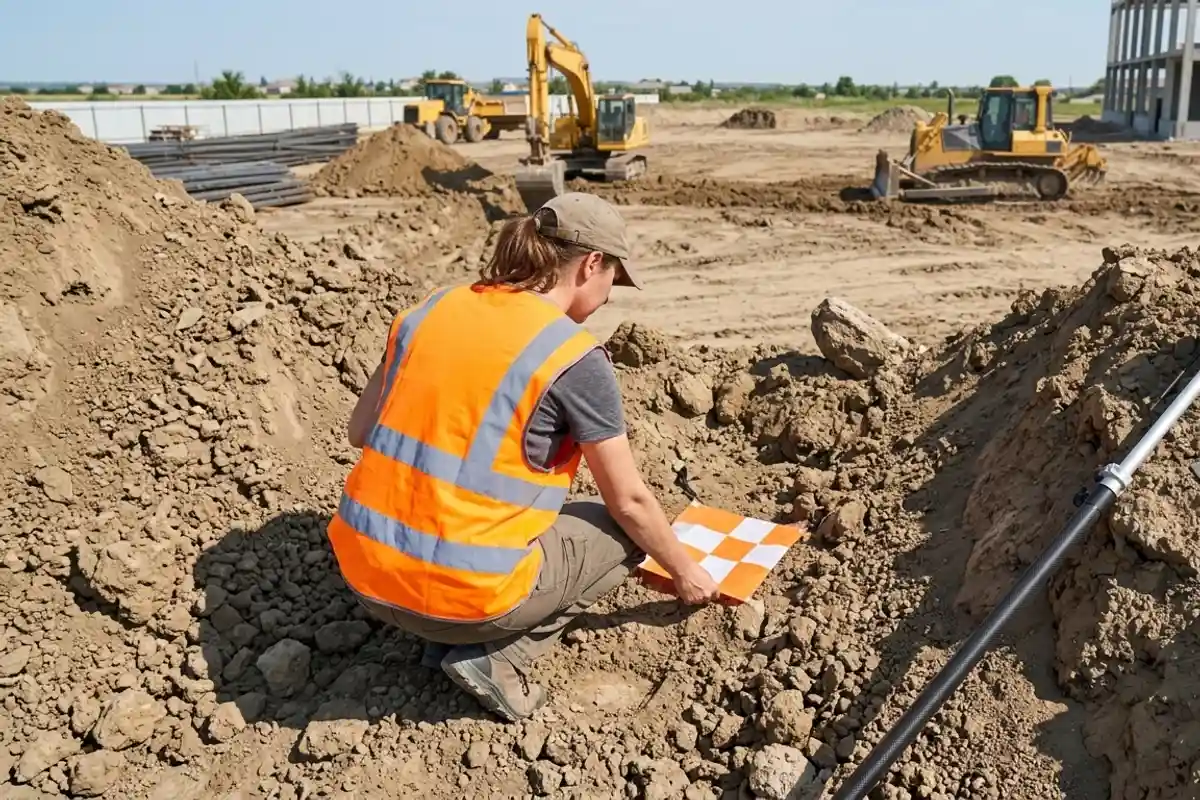 Technician placing an aerial ground control target next to a GNSS RTK rover on a stockpile at a commercial grading site