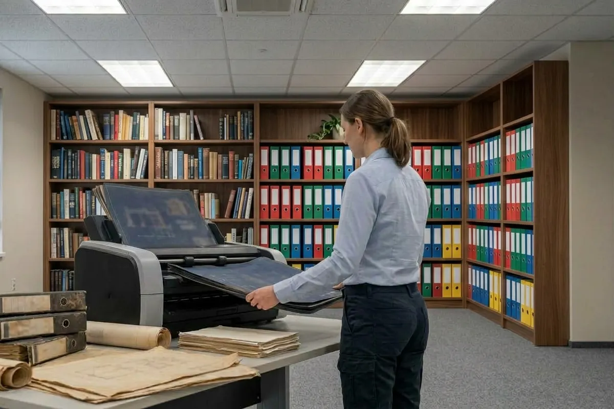 Technician digitizing legacy facility blueprints on a wide-format scanner in a document archive