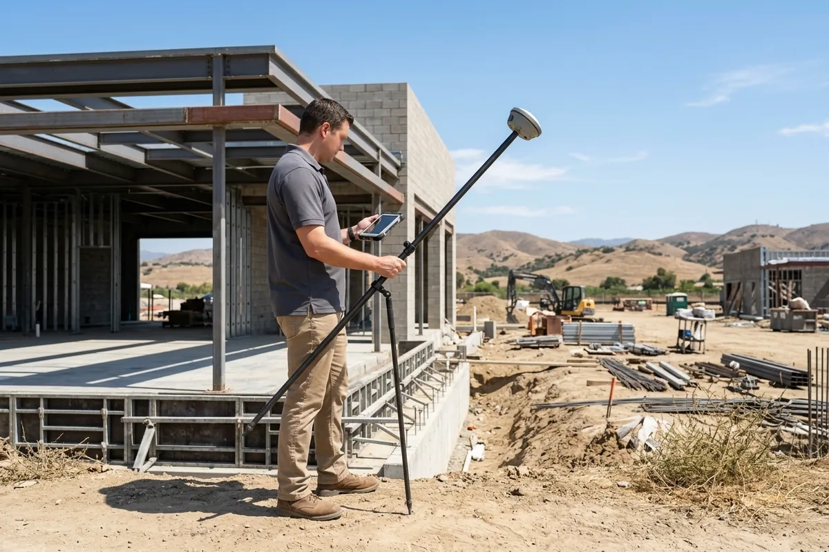 Land surveyor using GNSS RTK receiver to capture boundary points for an ALTA/NSPS survey
