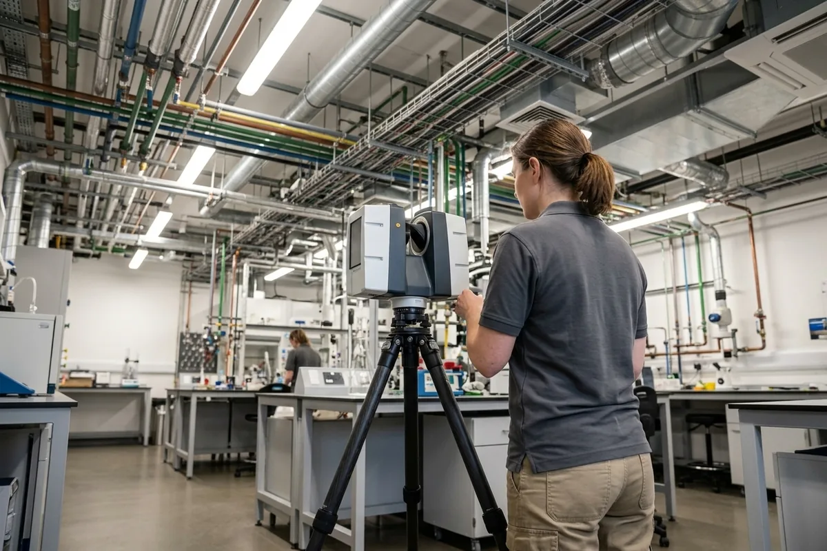 Leica RTC360 laser scanner capturing an MEP-dense laboratory interior during an as-built survey