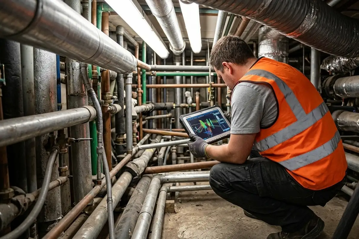 Technician operating a 3D laser scanner in a complex mechanical room to capture existing ductwork and piping