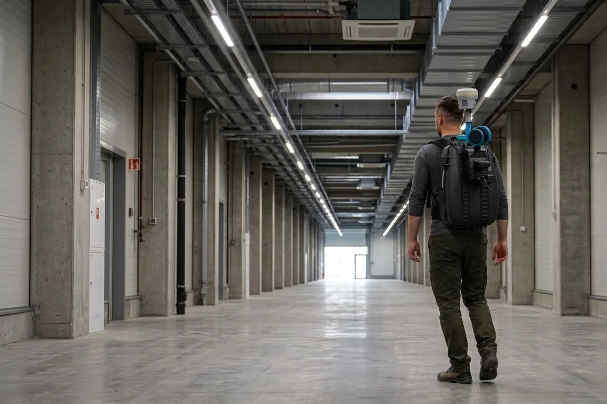 Technician walking through a concrete industrial building with a backpack-mounted mobile mapping scanner