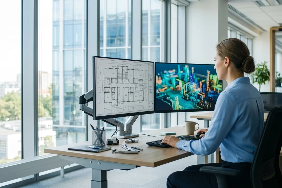 Drafter translating a 3D point cloud into a 2D AutoCAD permit set