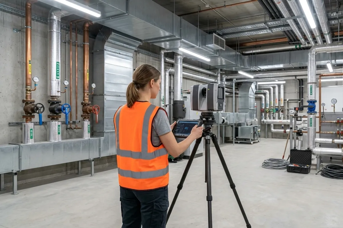 Technician operating a terrestrial laser scanner in a mechanical room to capture structural geometry for an LOD 500 digital twin