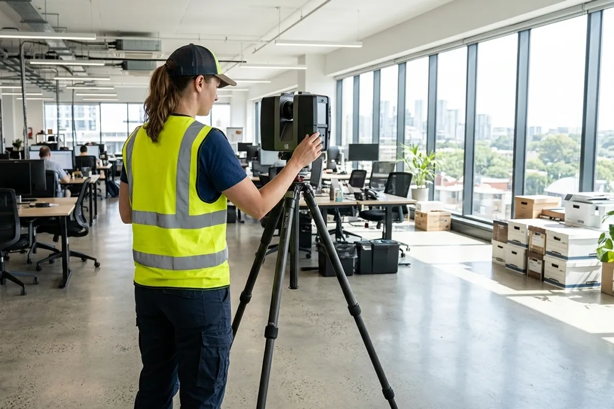 Technician operating a 3D laser scanner to capture existing conditions for 2D drafting