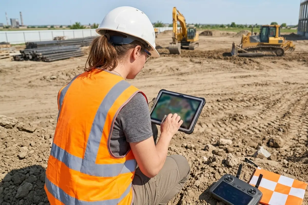 Technician holding a tablet next to a drone remote controller and an aerial ground control target on an active construction site
