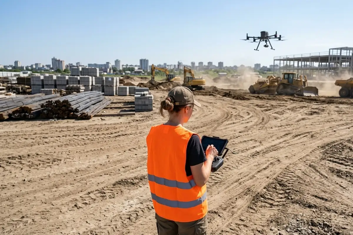 Technician operating a drone controller on an active construction site