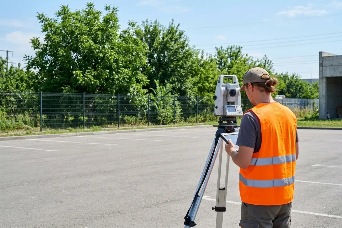 Technician operating a robotic total station on a paved commercial lot near a property fence line