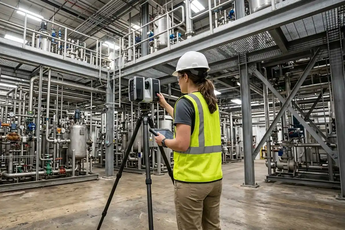 Technician operating a 3D laser scanner in an industrial facility