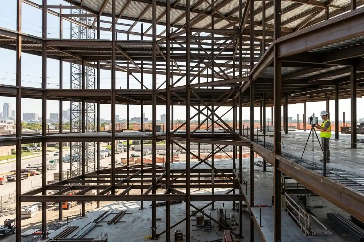 Technician performing construction verification scanning on an active site with exposed steel framing