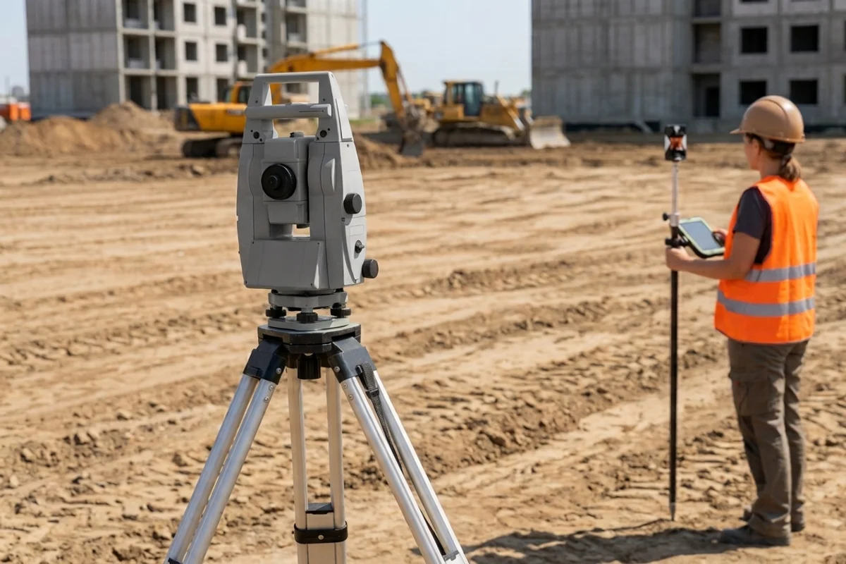 Technician holding a prism pole and a data collector tablet, with a robotic total station mounted on a tripod in the foreground on a dirt construction site