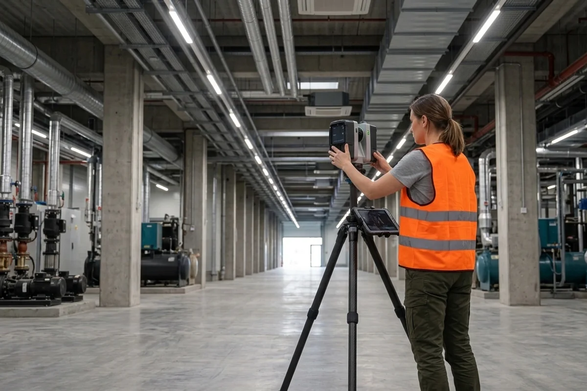 Technician operating a 3D laser scanner in a commercial mechanical room to capture spatial data