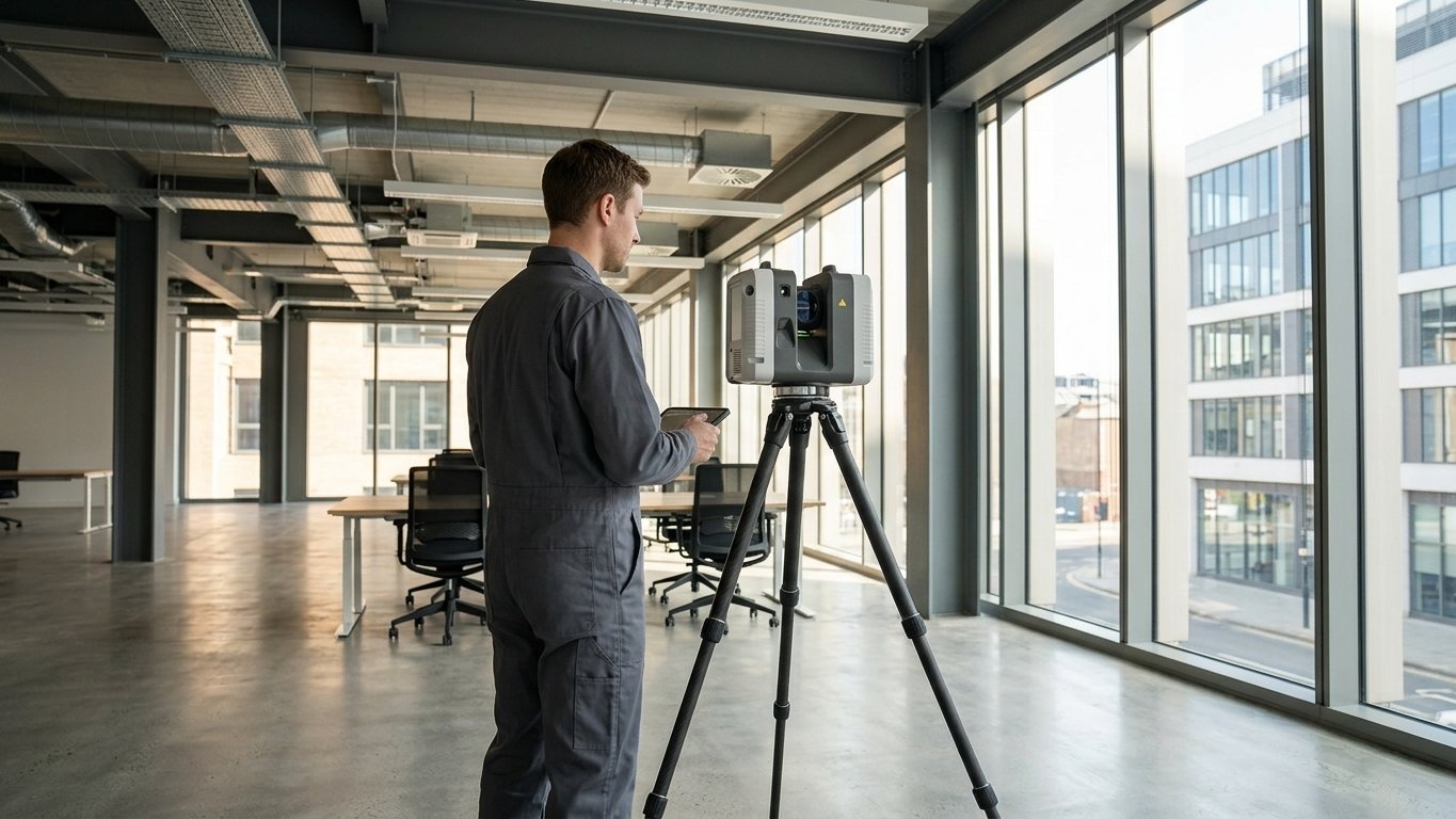 Tripod-mounted laser scanner capturing a building interior