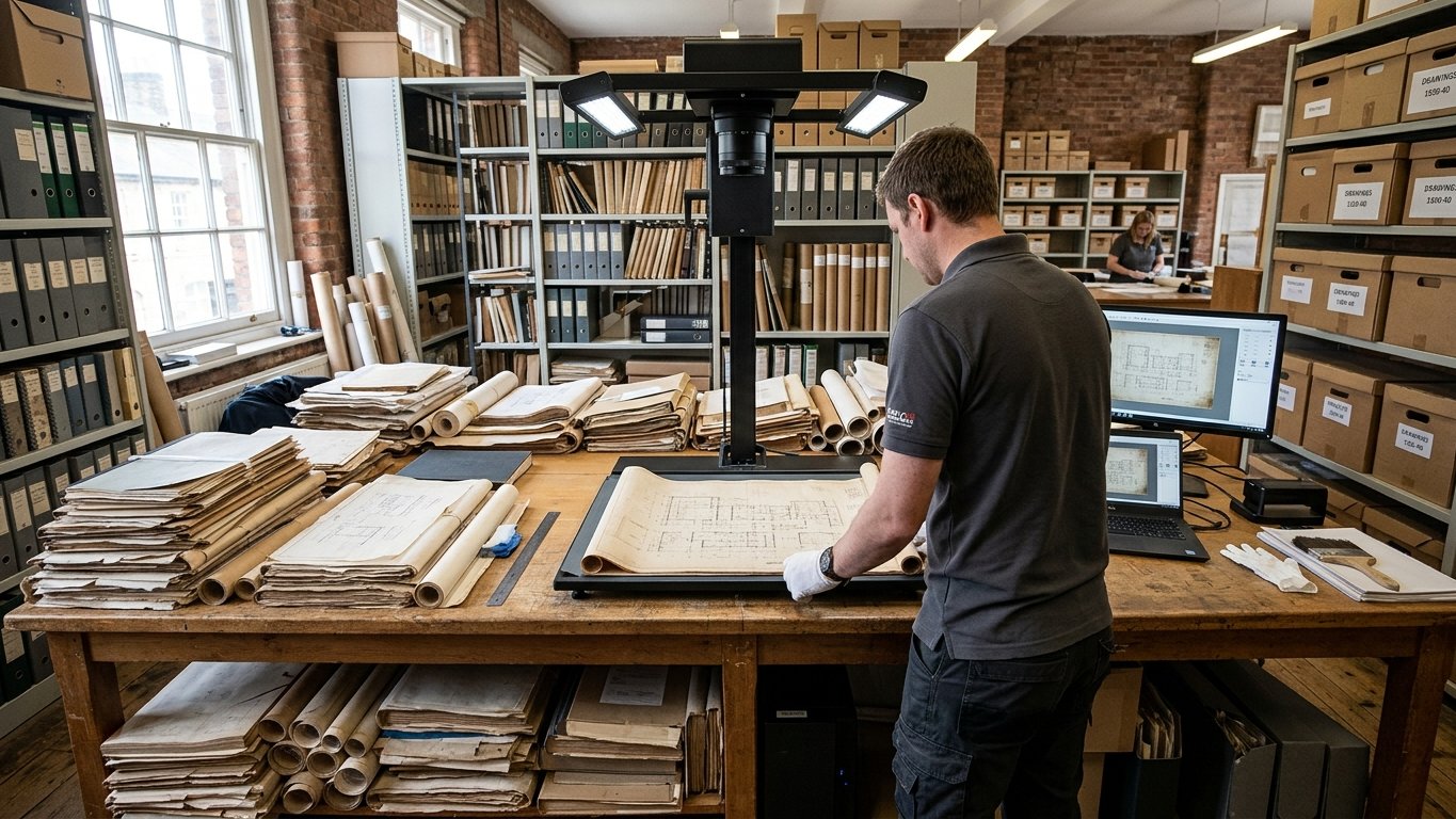 Stack of building documents being digitized and organized