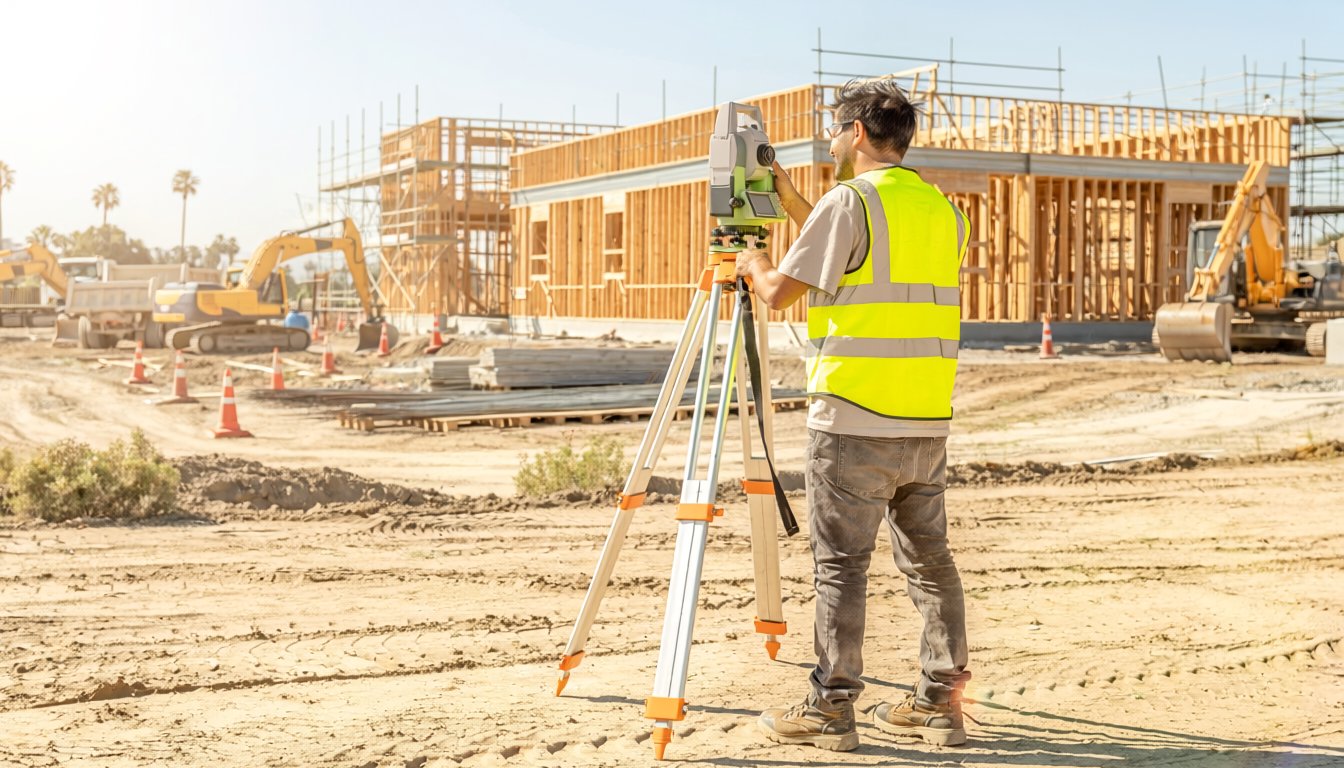 Total station setup on a construction site in San Diego